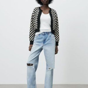Zara Fluffy Checkered Cropped Cardigan